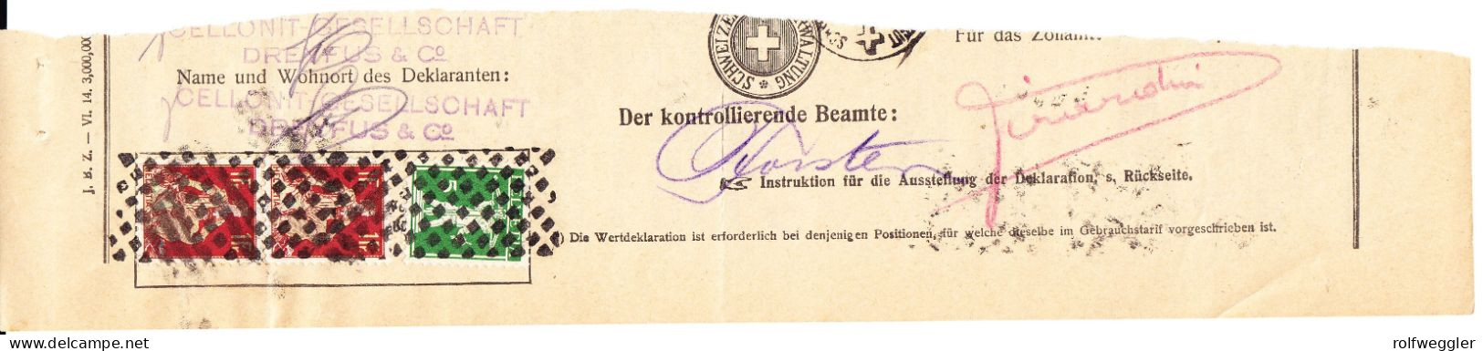 1918 Zollstempel Auf Dokumententeil. 2.05 FR. Frankatur - Marcophilie