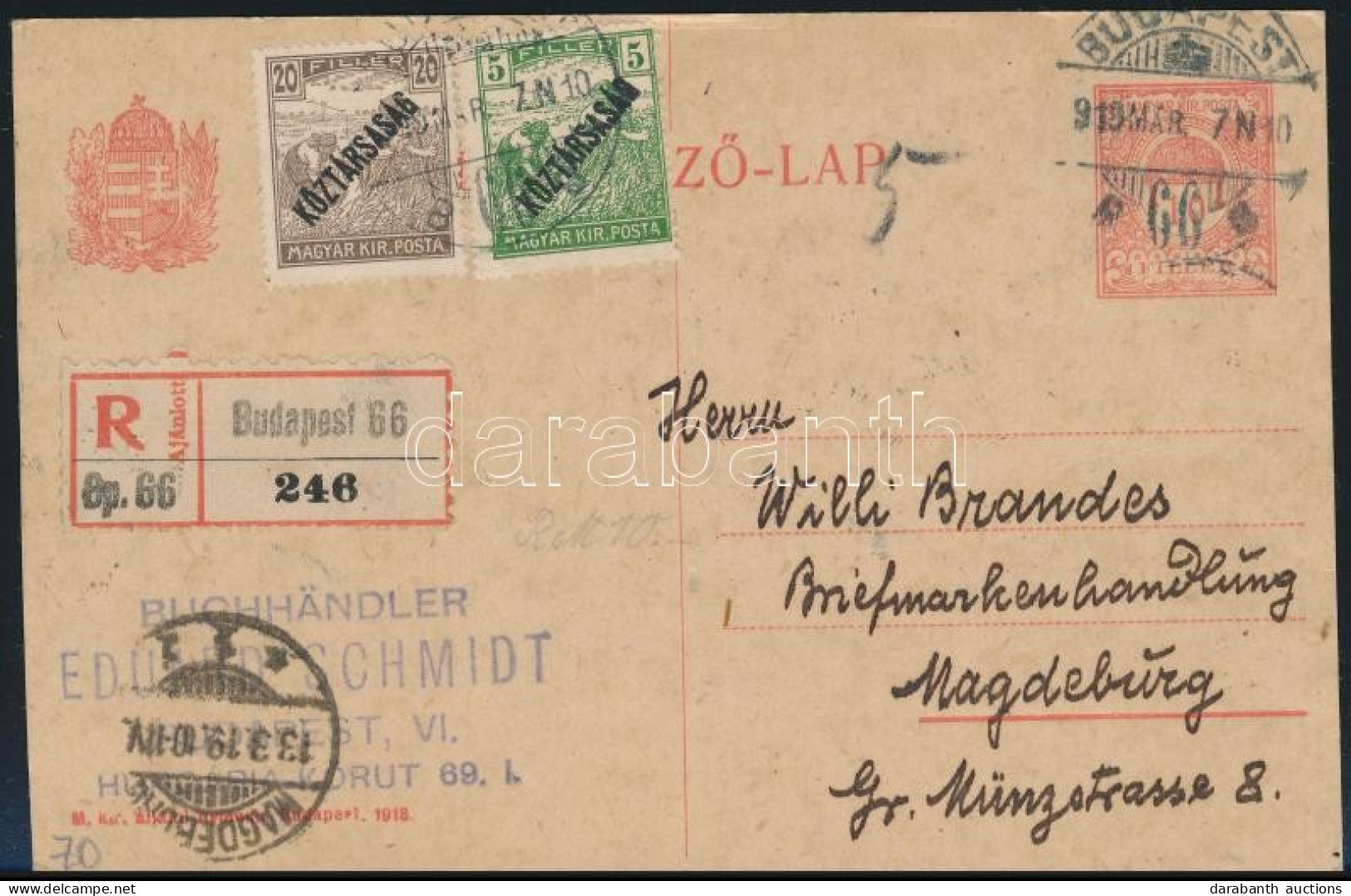 1919 Ajánlott UPU Díjjegyes Levelezőlap Köztársaság 5f + 20f Díjkiegészítéssel Németországba Küldve / PS-card With 25f A - Other & Unclassified