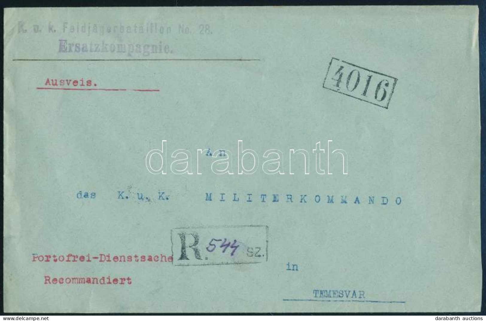 1914 Ajánlott Tábori Posta Levél "K.u.K. Feldjagerbataillon No. 28. / Ersatzkompagnie" , "TEMESVÁR" érkezési Bélyegzésse - Autres & Non Classés