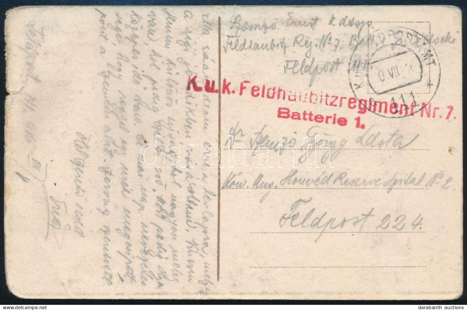 1916 Tábori Posta Képeslap Piros "K.u.k. Feldhaubitzregiment Nr. 7. / Batterie 1." - Autres & Non Classés