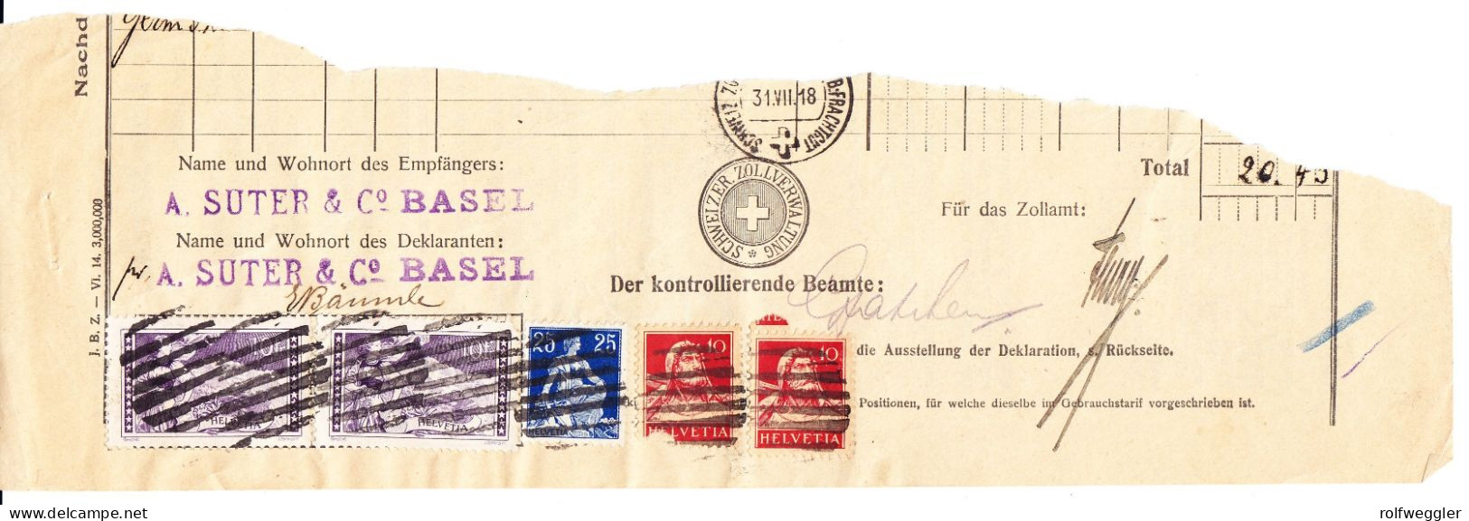 1918 Zollstempel Auf Dokumententeil. 20.45 Fr. Frankatur. 1 Marke Mängel - Marcophilie