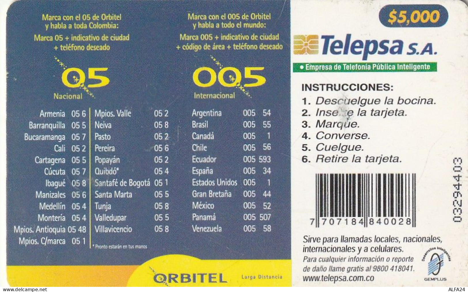 PHONE CARD COLOMBIA  (E56.28.4 - Colombia