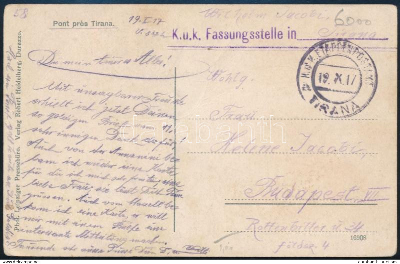 1917 Tábori Posta Levelezőlap "K.u.K. Fassungsstelle In Tirana" , "K.u.K. ETAPPENPOSTAMT / TIRANA" - Autres & Non Classés