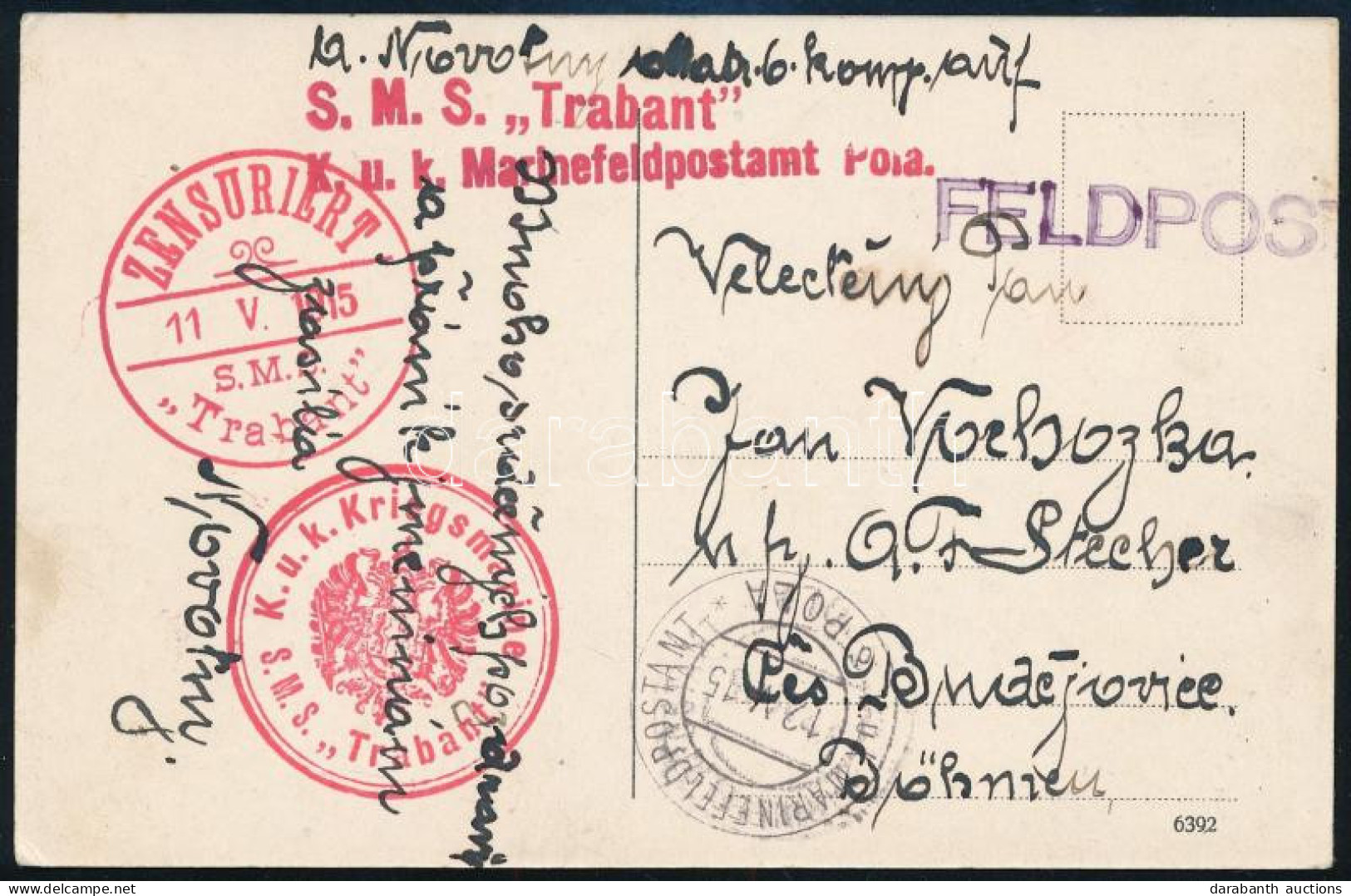 1915 Tábori Posta Képeslap "S.M.S. Trabant" - Andere & Zonder Classificatie
