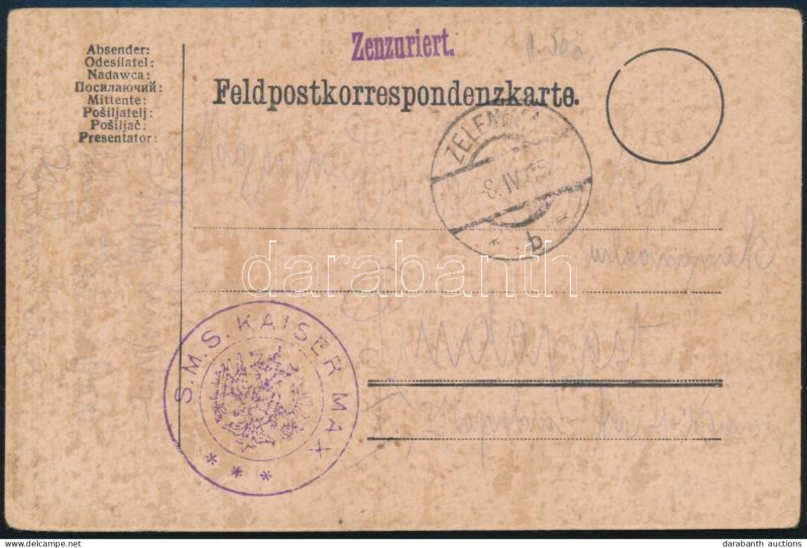 1915 Cenzúrás Tábori Posta Levelezőlap "S.M.S. KAISER MAX" Budapestre Küldve - Andere & Zonder Classificatie