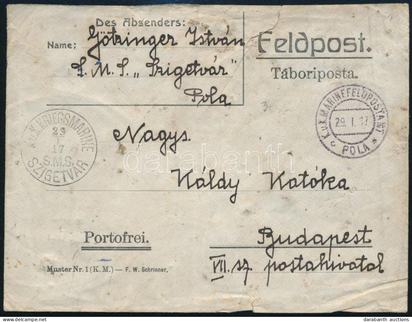 1917 Tábori Posta Levél / Field Post Cover "S.M.S. SZIGETVÁR" - Altri & Non Classificati