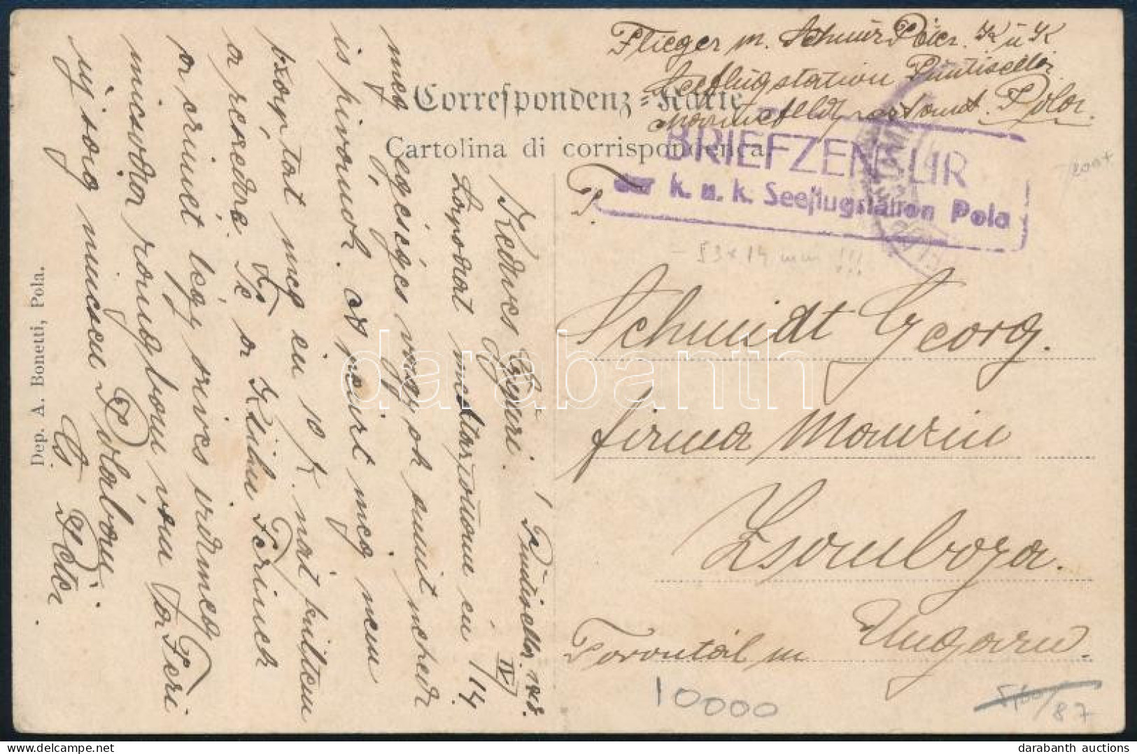 1918 Tábori Posta Képeslap Piros "BRIEFZENSUR / Des K.u.k. Seeflugleitung Pola" - Sonstige & Ohne Zuordnung