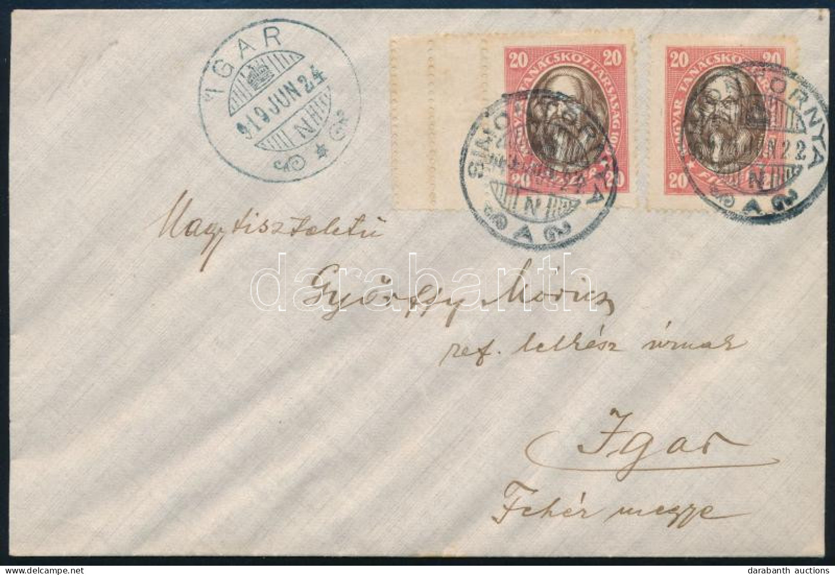 1919 Levél Tanácsköztársasági Arcképek 2 X 20f Bérmentesítéssel, Az Egyik ívszéli, A Bal Oldalon 3-as Fogazással "SIMONT - Other & Unclassified