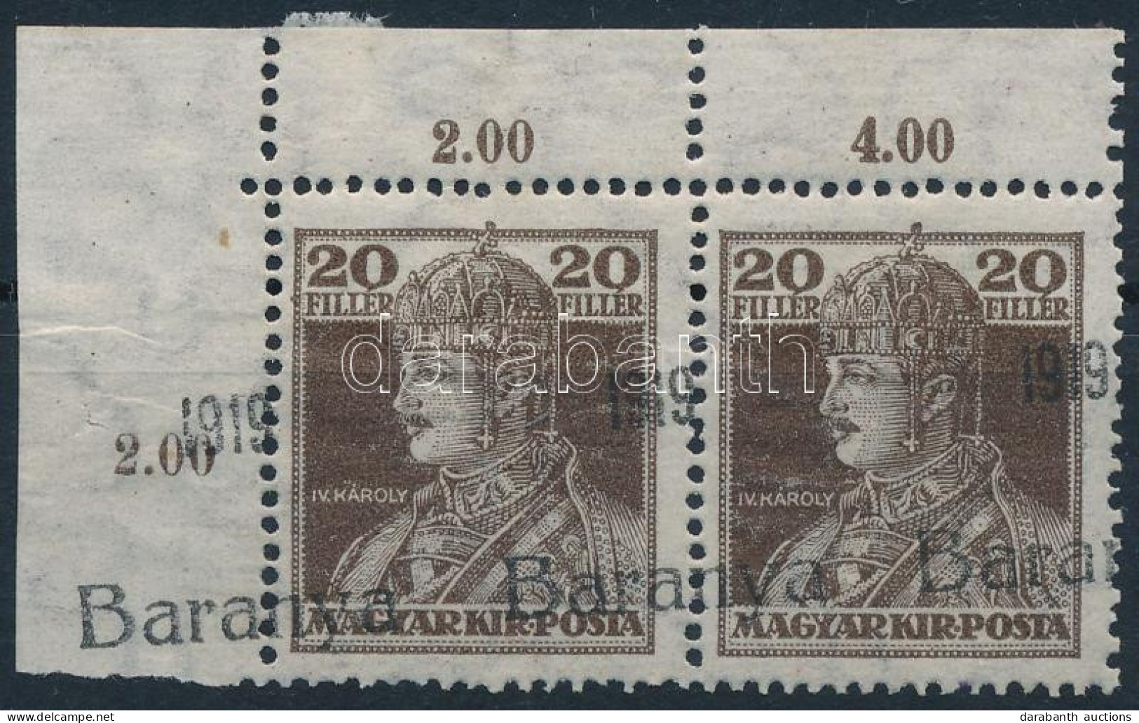 ** Baranya 1919 Károly 20f ívsarki Párban Eltolódott Felülnyomással / Mi 47 I. Corner Pair With Shifted Overprint. Signe - Altri & Non Classificati