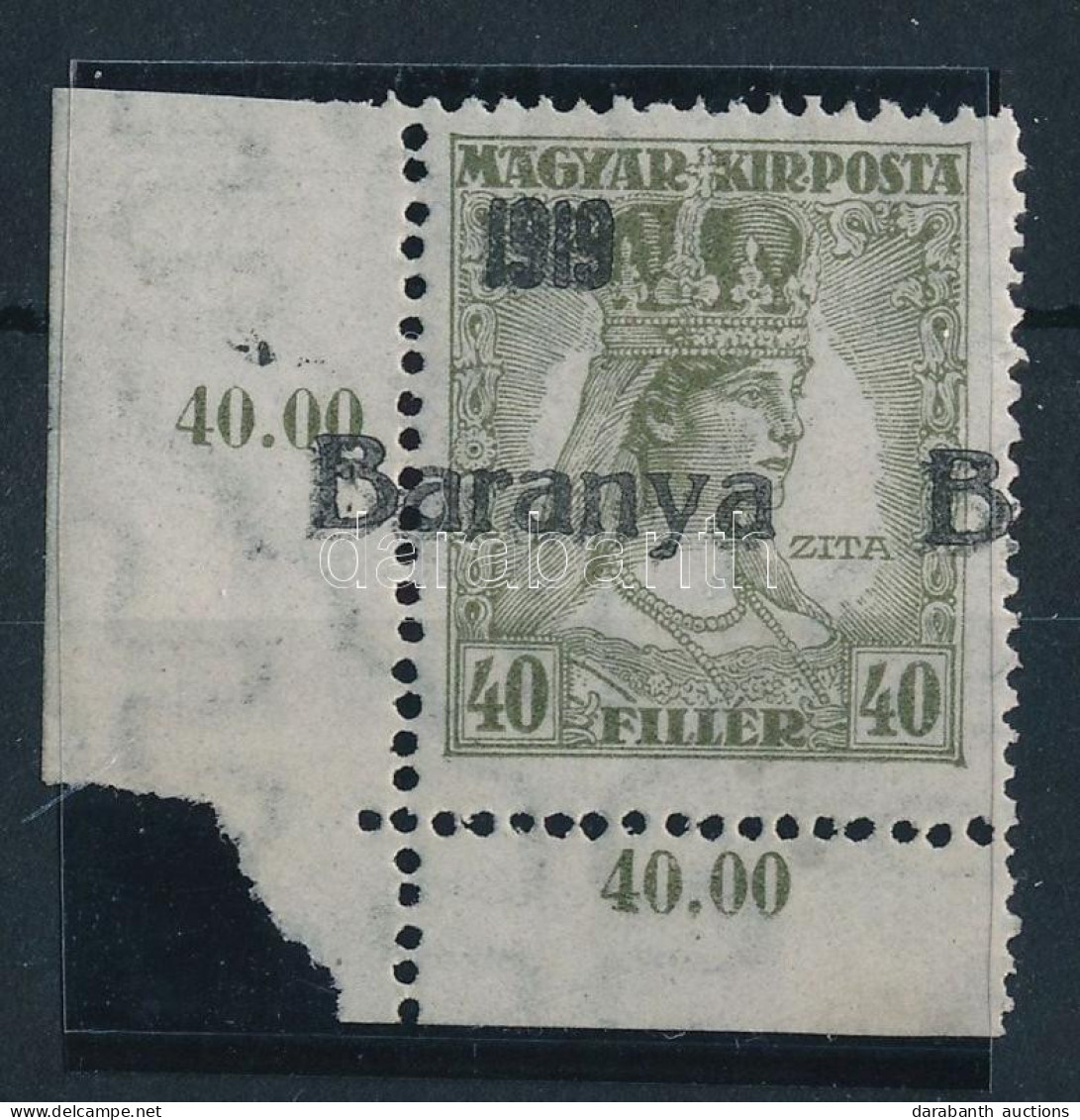 ** Baranya I. 1919 Zita ívsarki 40f Eltolódott Fekete Felülnyomással, Bodor Vizsgálójellel - Autres & Non Classés