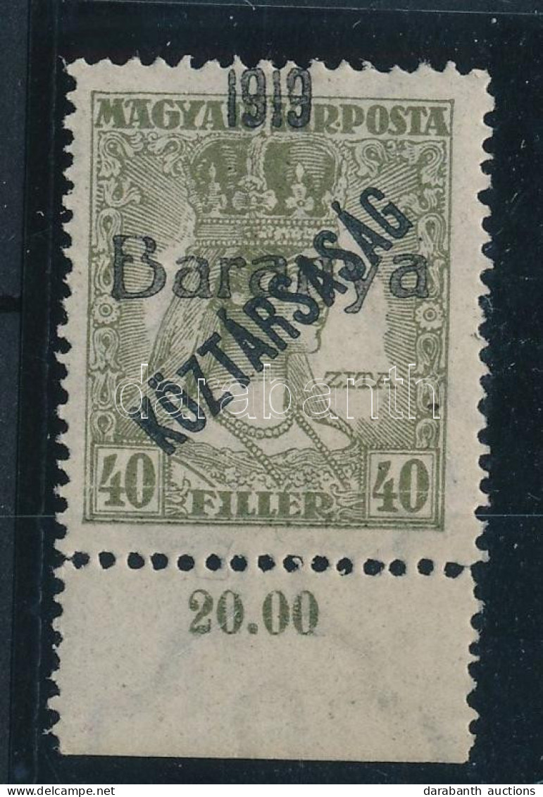 ** Baranya I. 1919 Zita/Köztársaság ívszéli 40f Fekete Felülnyomással, Bodor Vizsgálójellel - Other & Unclassified