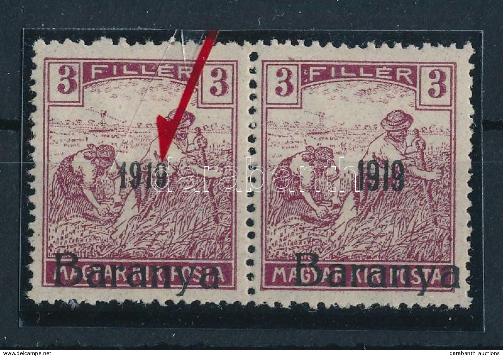 * Baranya I. 1919 Magyar Posta 3f Pár A Bal Oldali Bélyeg Antikva Számmal, Bodor Vizsgálójellel - Other & Unclassified