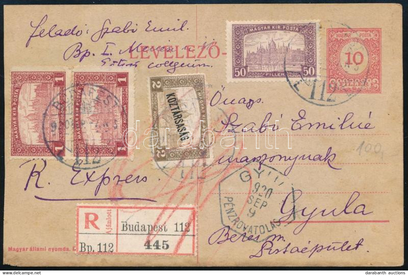 1920 Ajánlott 10f Díjjegyes Levelezőlap Parlament 50f + 2 X 1K + Köztársaság/Parlament 2K Díjkiegészítéssel "BUDAPEST" - - Otros & Sin Clasificación