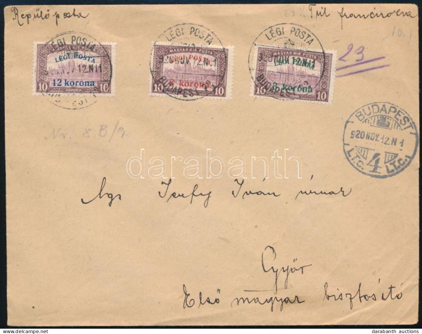 1920 Levél Légiposta Sorral Bérmentesítve "BUDAPEST" - "GYŐR" (11.000) - Otros & Sin Clasificación