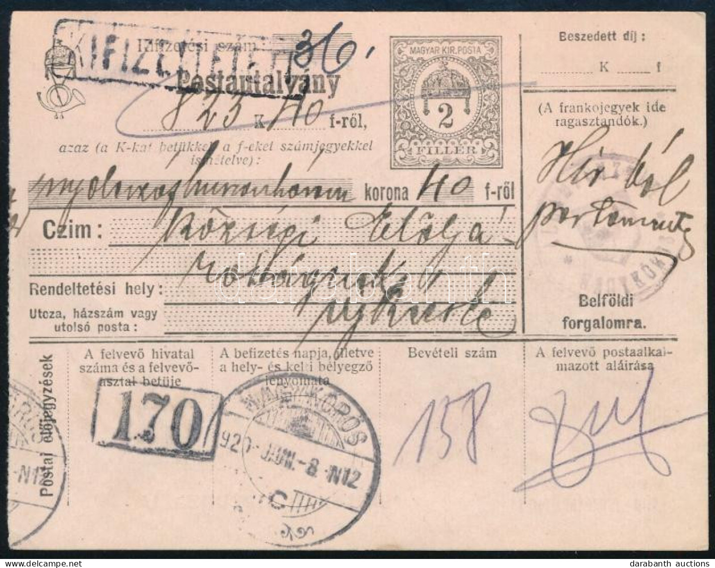 1920 Hivatalból Portómentes Postautalvány Nagykőrösről - Otros & Sin Clasificación