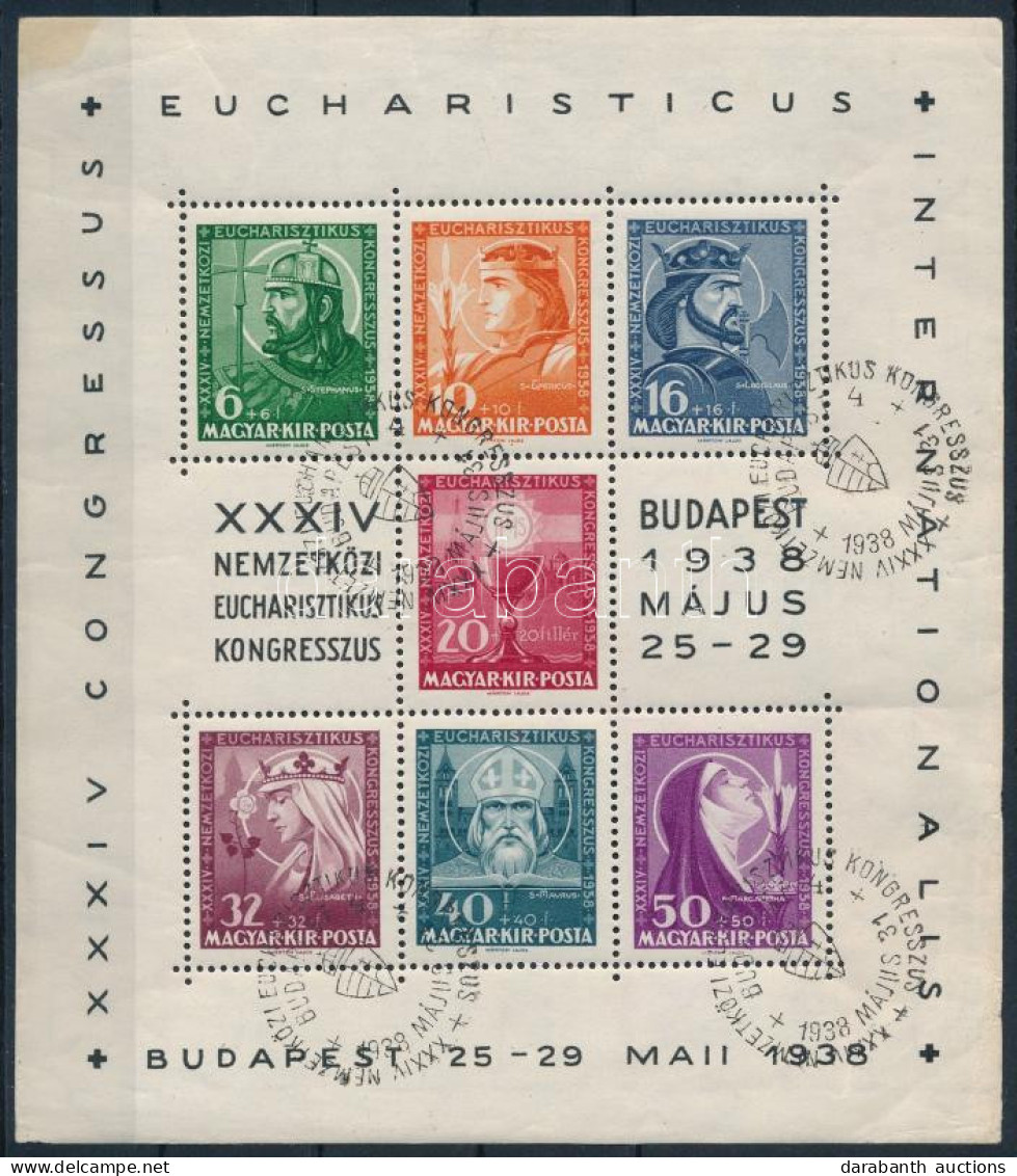 O 1938 Eucharisztikus Blokk Alkalmi Bélyegzéssel (9.000) (törések, Rozsdafolt / Folds, Stain) - Autres & Non Classés