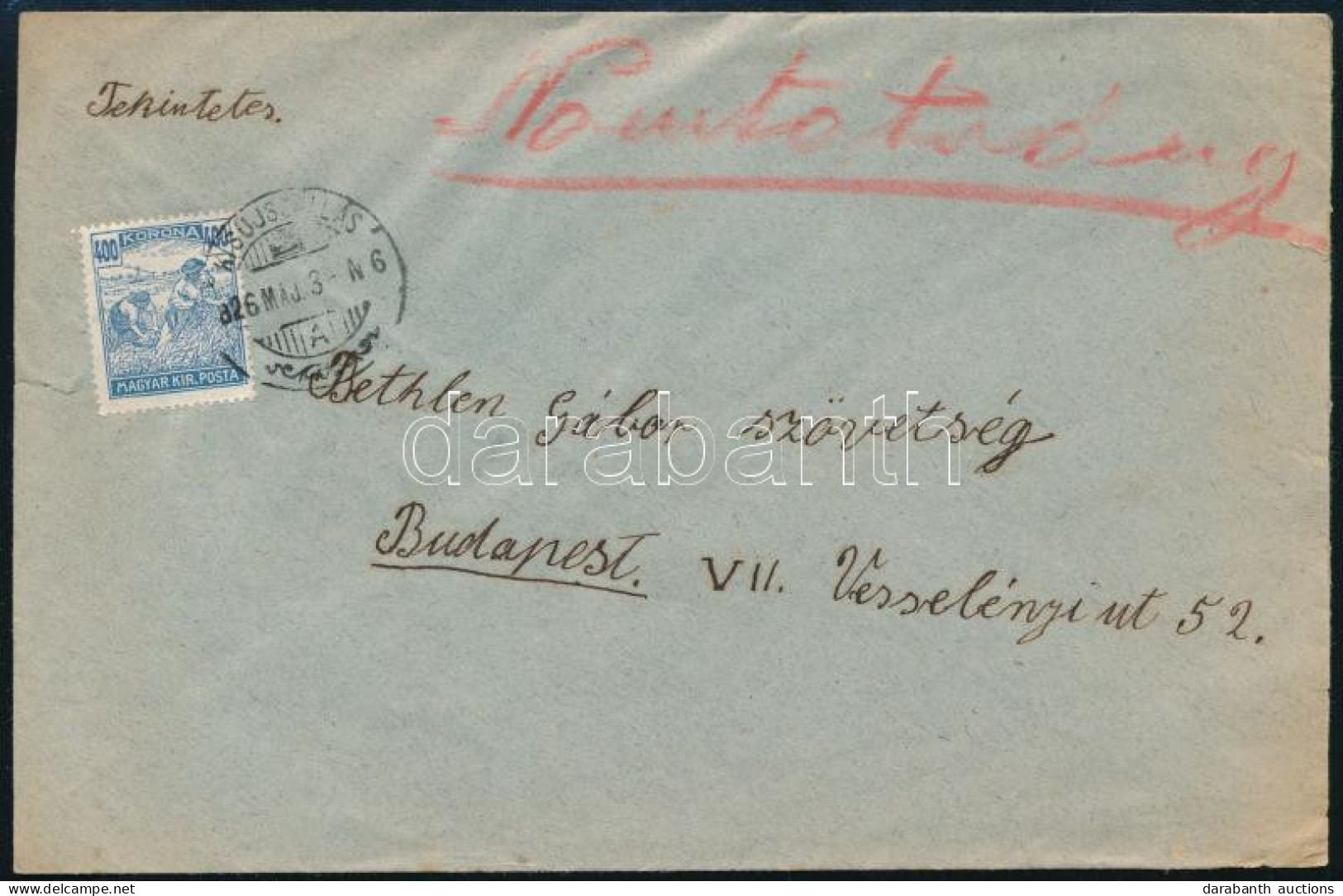 1926 Nyomtatvány Arató 400K Bérmentesítéssel "KISÚJSZÁLLÁS" - Budapest - Other & Unclassified