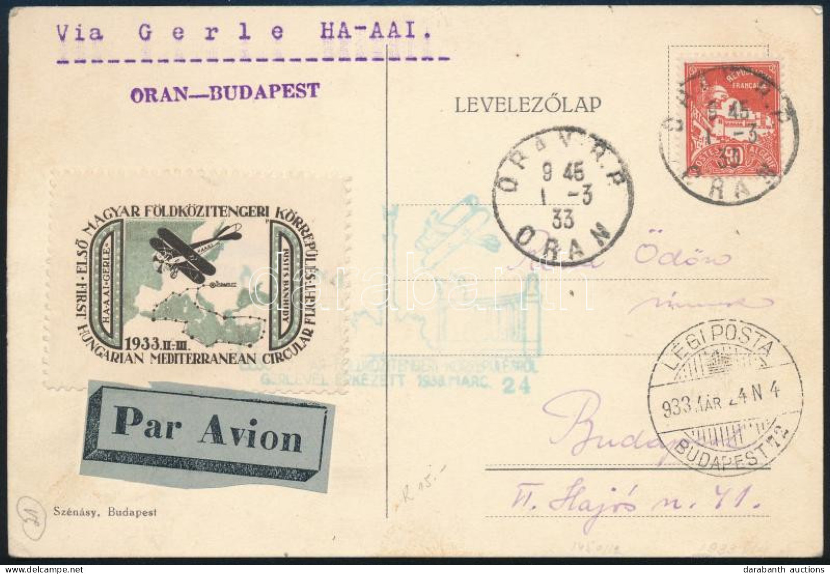 1933 Légi Levelezőlap Algériai Bélyeggel, Magyar Levélzáróval és Alkalmi Bélyegzéssel "ORAN-BUDAPEST" - Andere & Zonder Classificatie