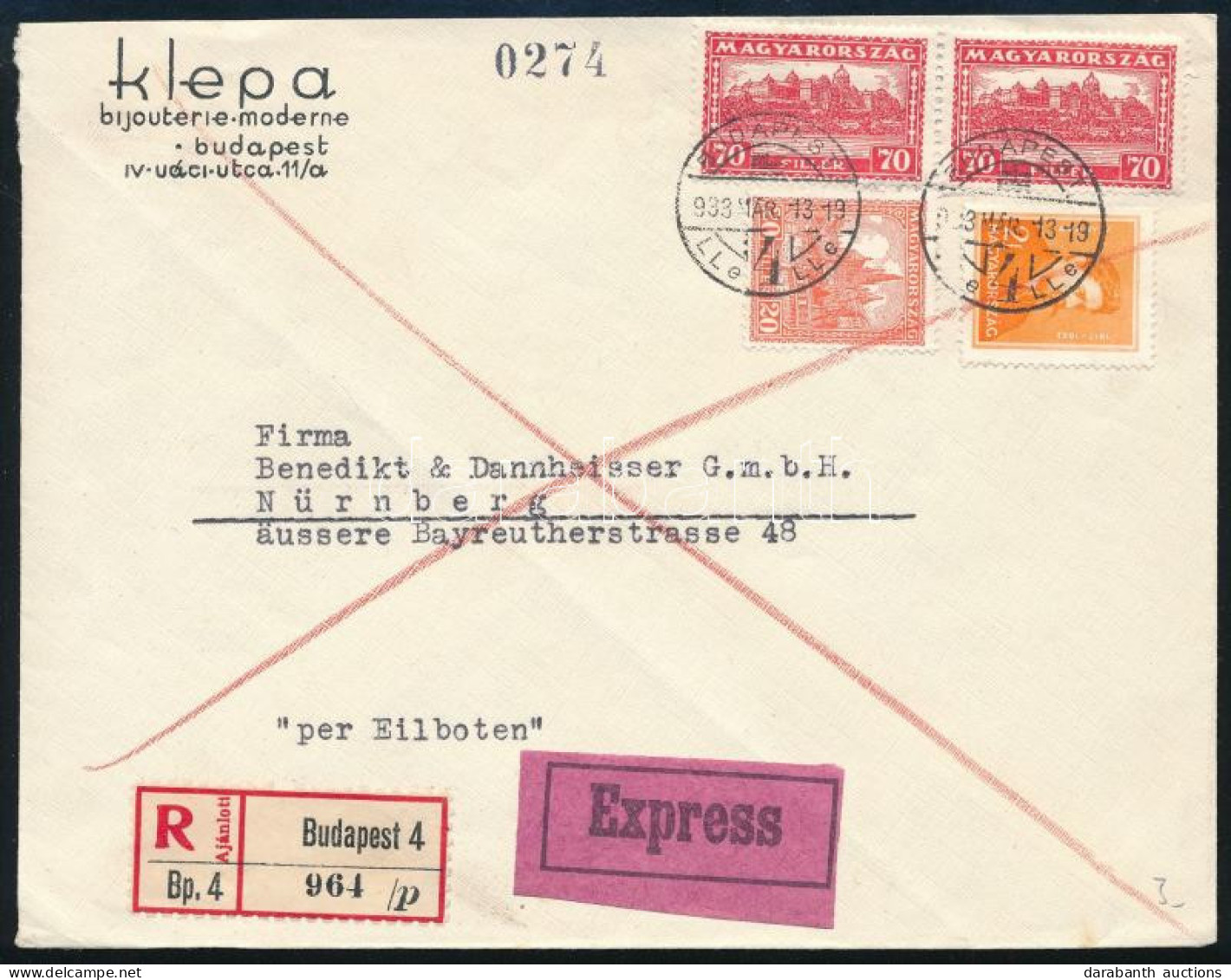 1933 Expressz Ajánlott Céges Levél "BUDAPEST" - "NÜRNBERG" - Sonstige & Ohne Zuordnung