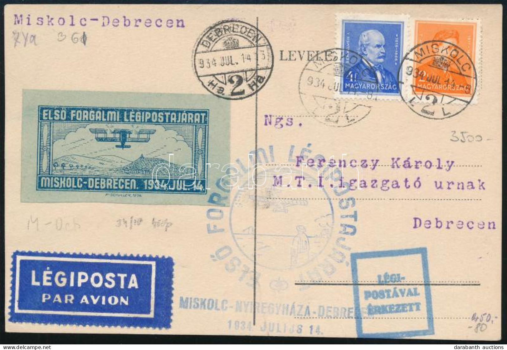 1934 Légi Levelezőlap Levélzáróval és Alkalmi Bélyegzéssel / Airmail Postcard With Label And Special Postmark - Altri & Non Classificati