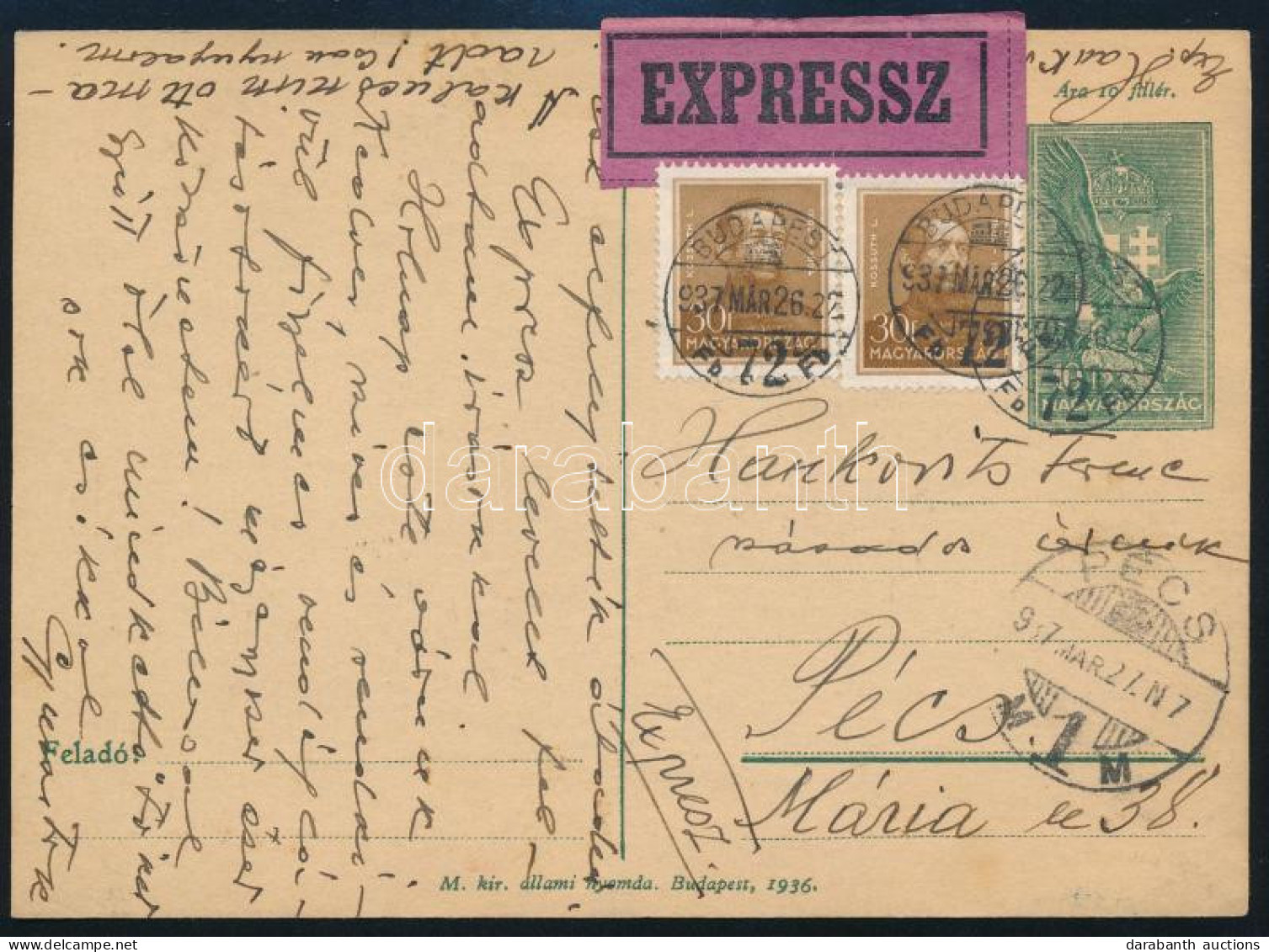 1937 Expressz Díjjegyes Levelezőlap 2 Bélyeges Kiegészítéssel / Express PS-card With Additional Franking - Other & Unclassified