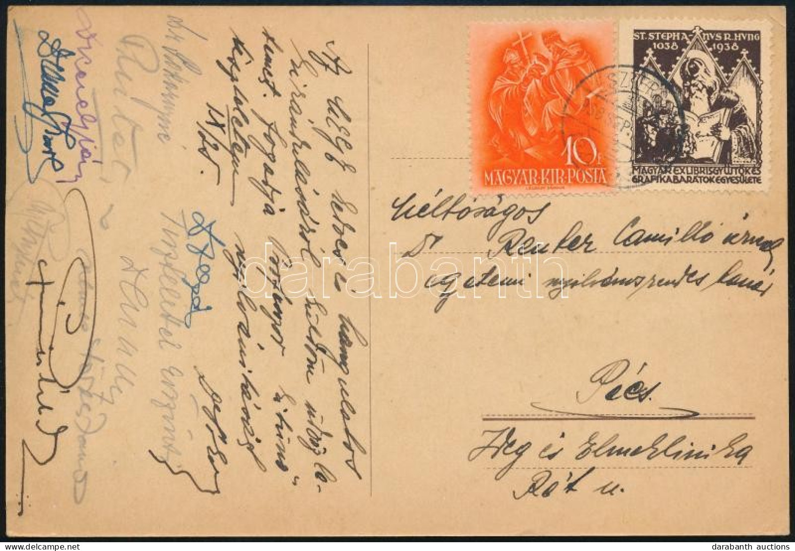 1938 Magyar Ex Libris Gyűjtők és Grafikabarátok Egyesületének Levélzárója Futott Képeslapon / Label On Postcard - Autres & Non Classés