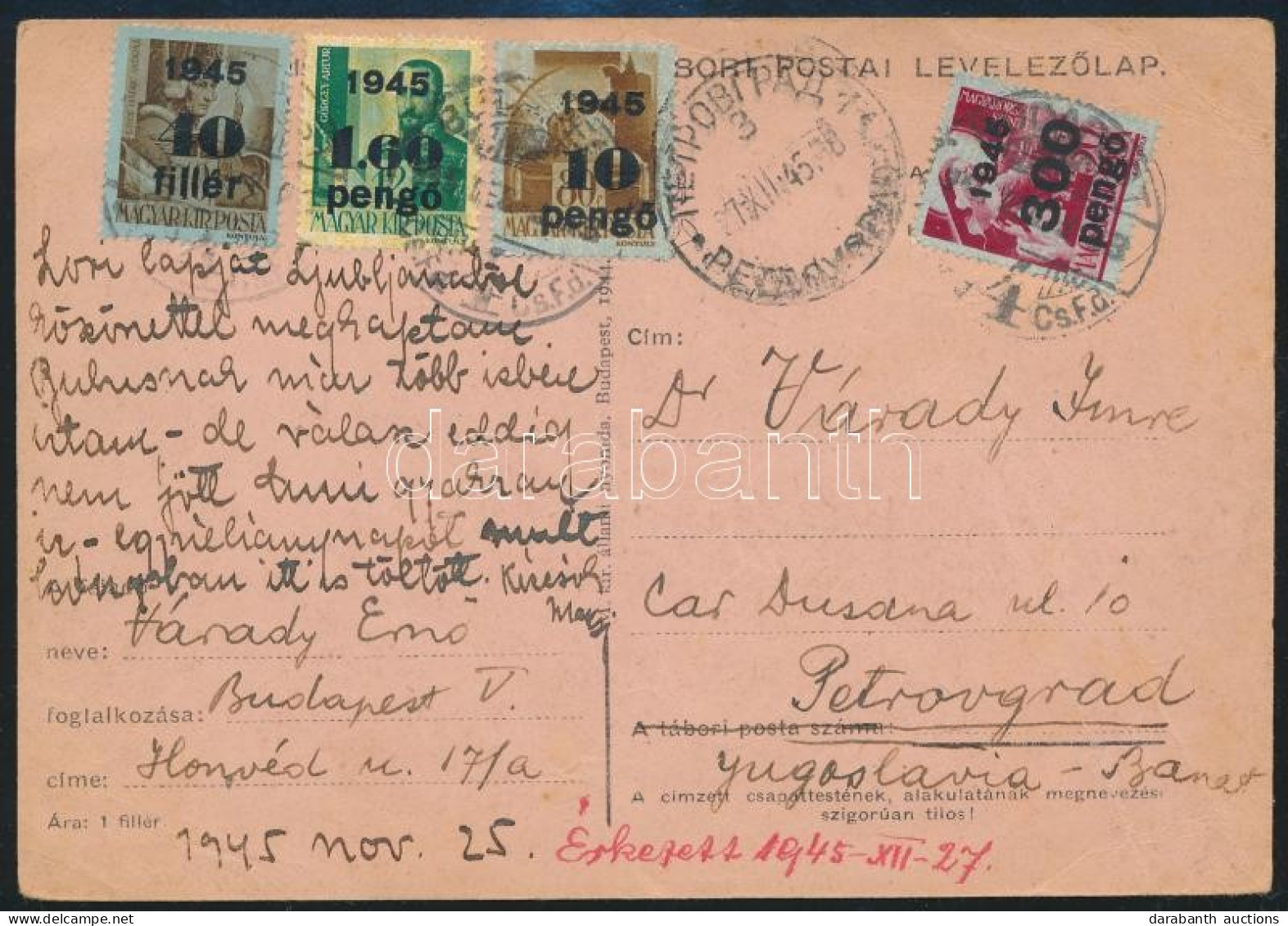 1945 (5. Díjszabás) Levelezőlap 4 Bélyeggel Jugoszláviába / Postcard To Yugoslavia - Autres & Non Classés