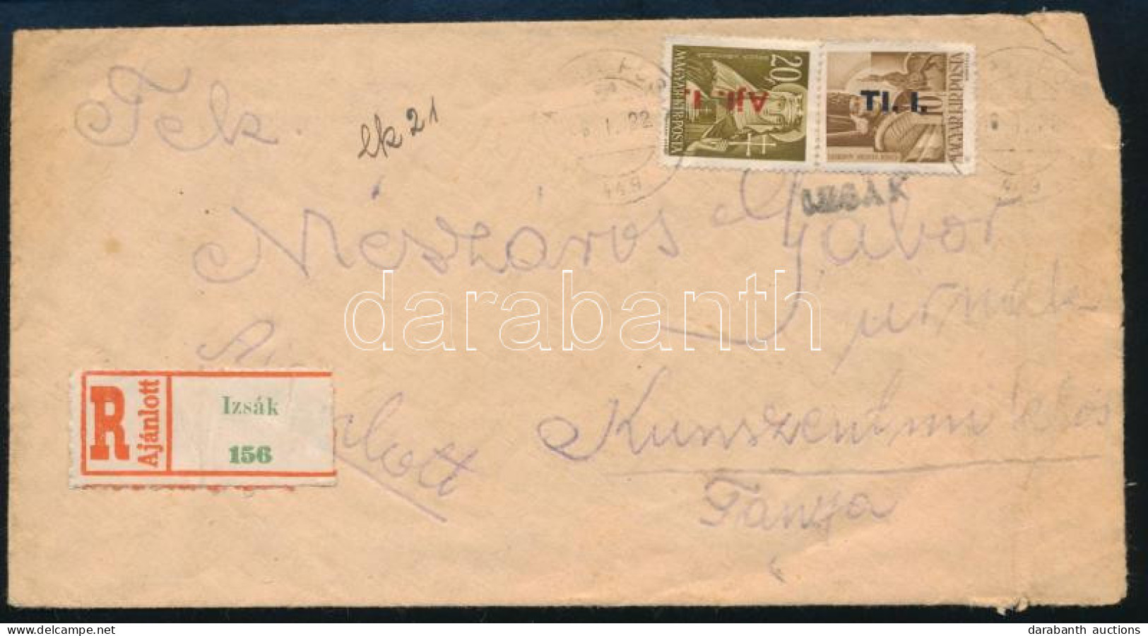 1946 (6. Díjszabás) Ajánlott Távolsági Levél Ajl.I./20f + TI.I./10f Bérmentesítéssel "IZSÁK" Vonal- és Mozgóposta Bélyeg - Other & Unclassified