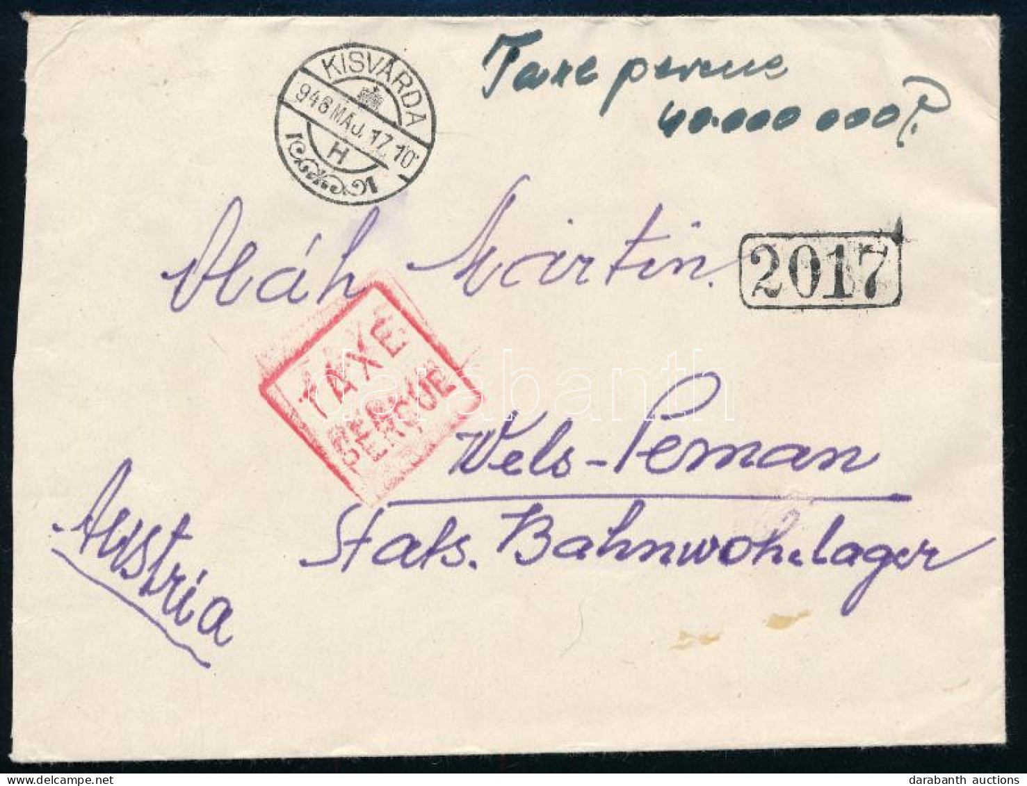 1946 (15. Díjszabás) Külföldre Küldött Levél 40.000.000P Készpénzes Bérmentesítéssel - Altri & Non Classificati