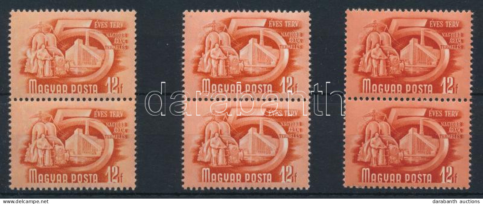 ** 1950 Ötéves Terv (I.) 3 X 12f összefüggő Pár Színeltéréssel (az Első Pár Felső Bélyegének Képe Sérült / Damaged Print - Otros & Sin Clasificación