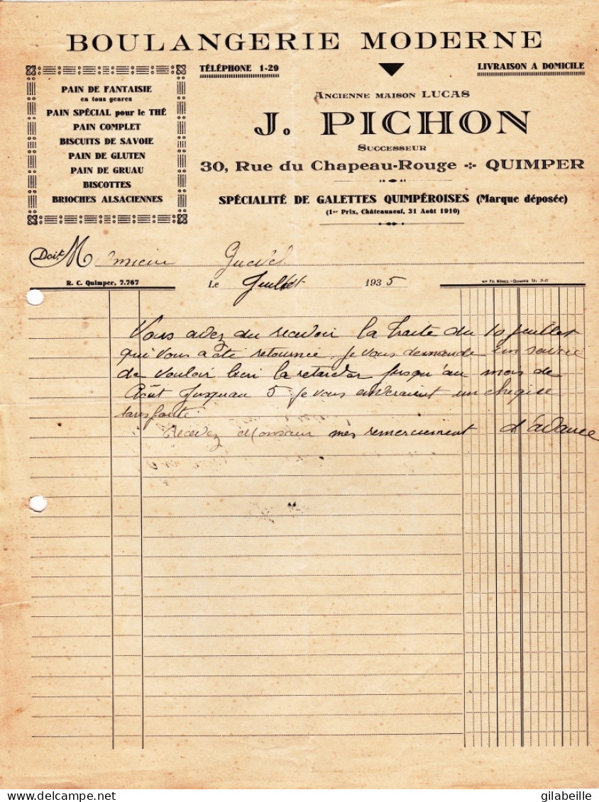 29 - QUIMPER - Courrier J. Pichon - Boulangerie - 1935 - Alimentaire