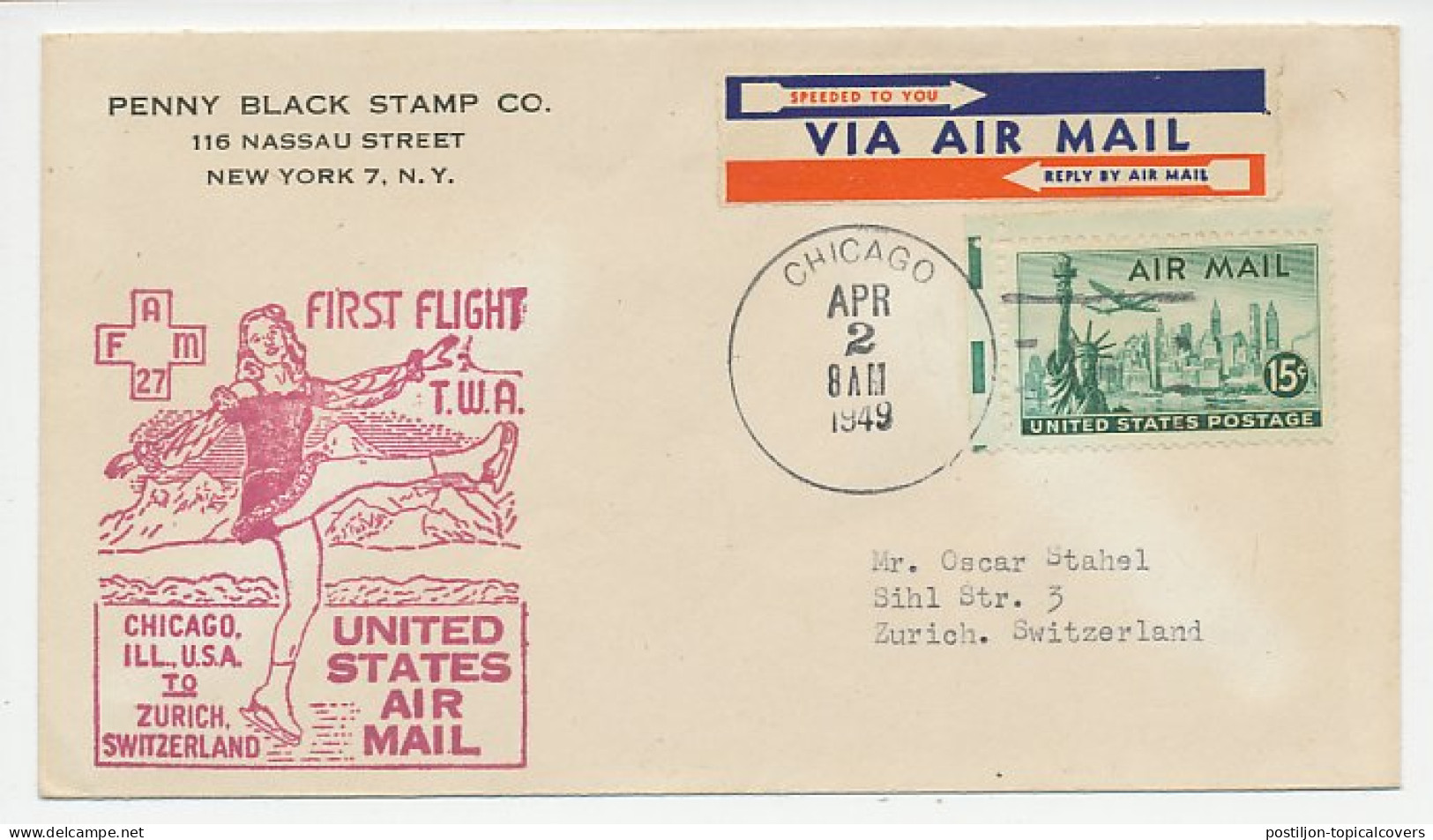 FFC / First Flight Cover USA 1949 USA - Switzerland - Figure Skating - Hiver
