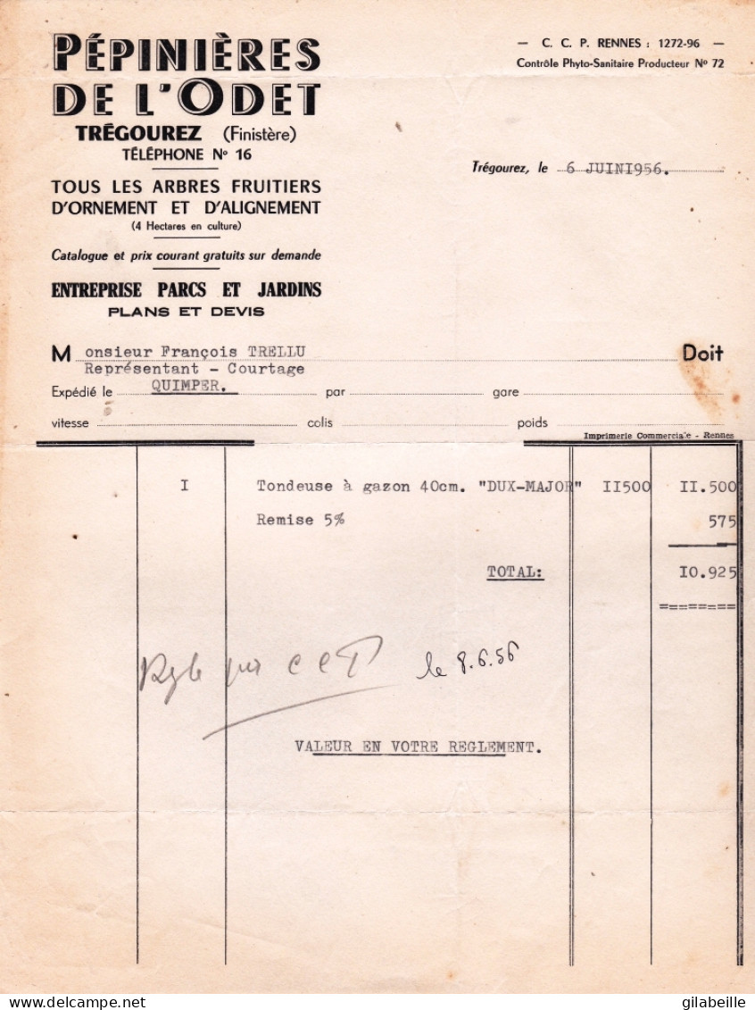 29 - TREGOUREZ Pour Quimper - Facture Pepinieres De L Odet - Entreprise Parcs Et Jardins - 1956 - Agriculture