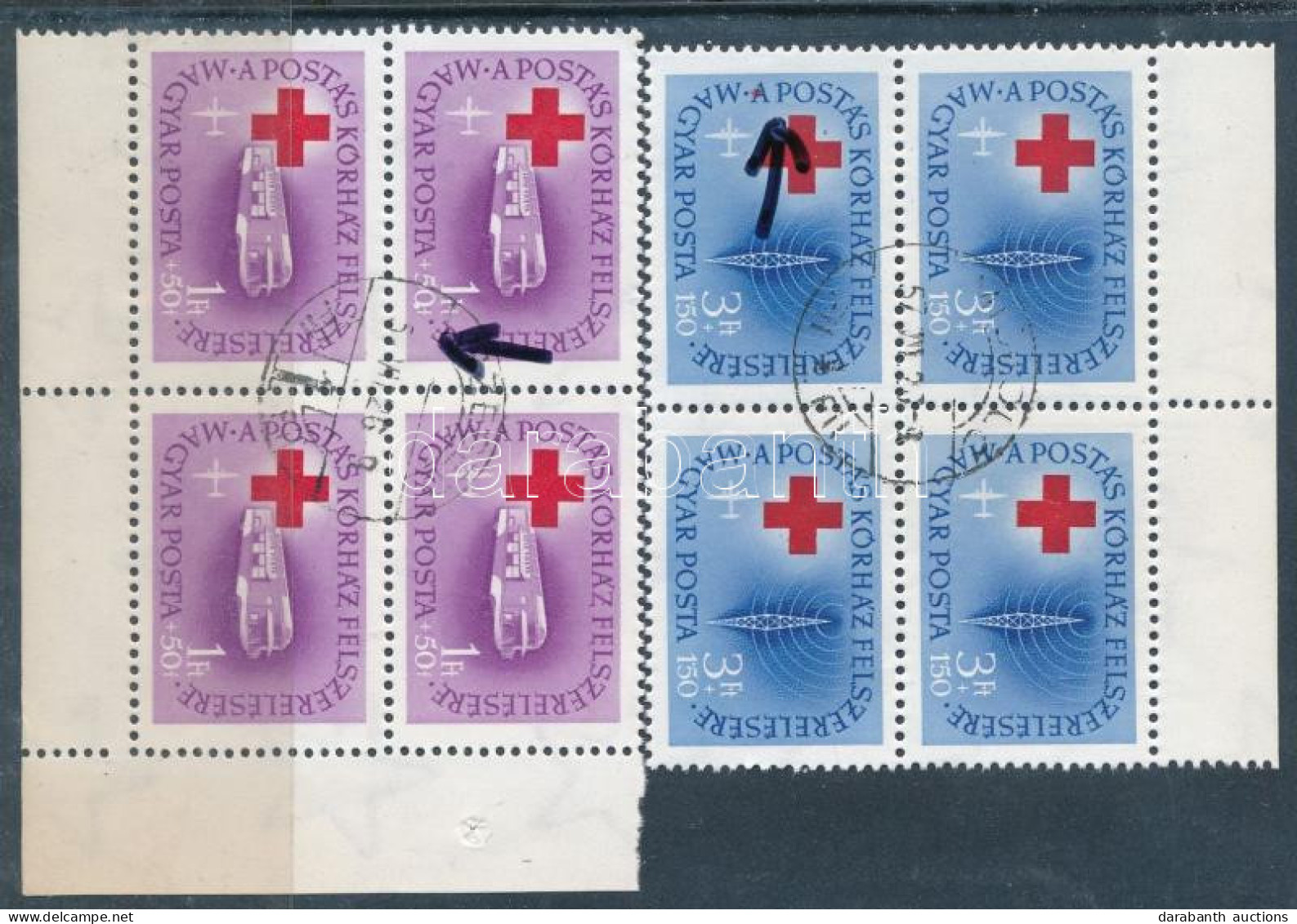 O 1957 Postás Kórház 1Ft+50f és 3Ft+1,50Ft ívsarki/ívszéli 4-es Tömb, Benne 1-1 Tévnyomat - Autres & Non Classés