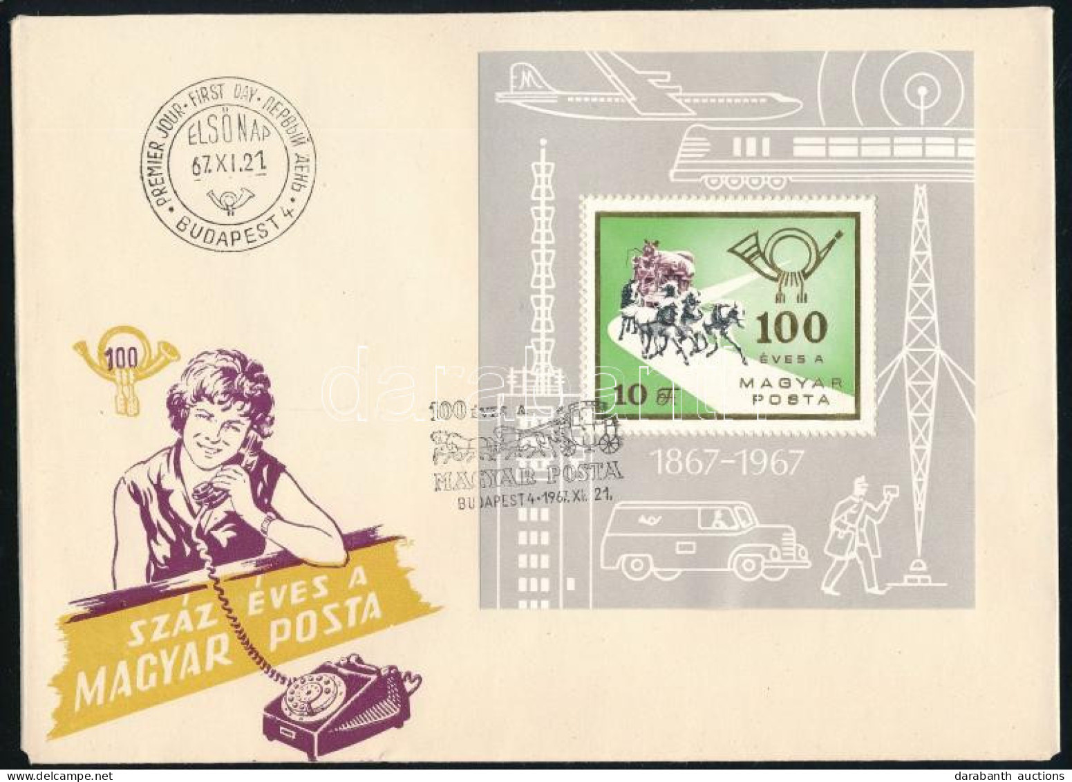 1967 100 éves A Magyar Posta Blokk "talpas Postás" Tévnyomat FDC-n (3.200) - Other & Unclassified