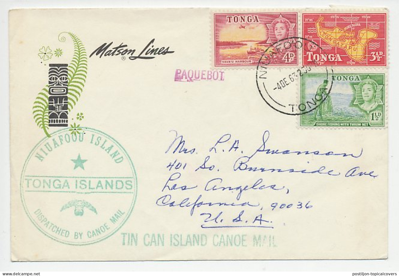 Cover / Postmark Tonga 1963 Tin Can Island - Canoe Mail - Otros & Sin Clasificación