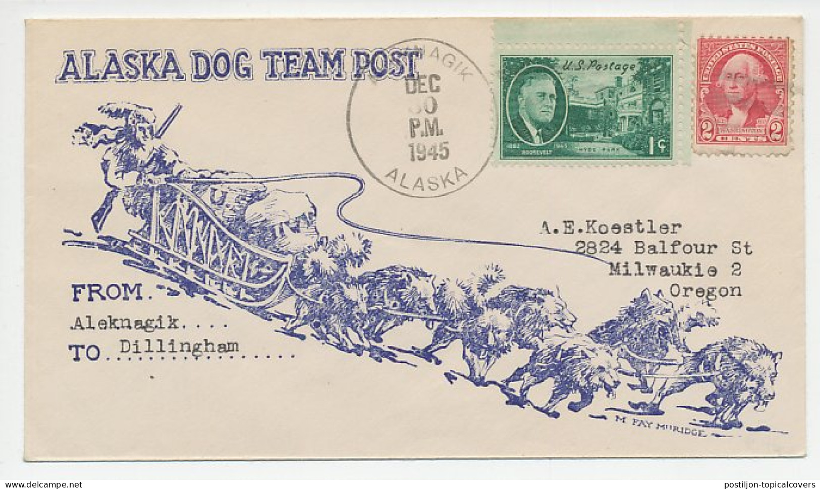 Cover / Postmark USA 1945 Alaska Dog Team Post - Aleknagik - Arctische Expedities