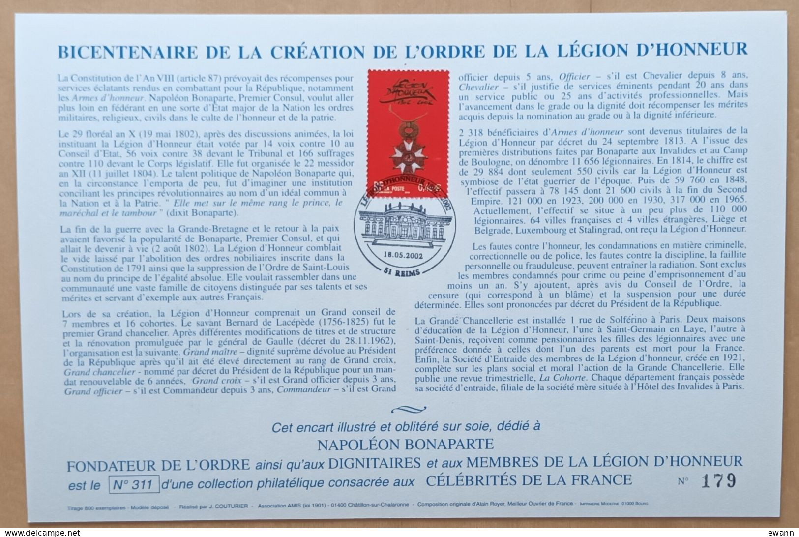 FDC Sur Encart AMIS - YT N°3490 - LEGION D'HONNEUR - 2002 - 2000-2009