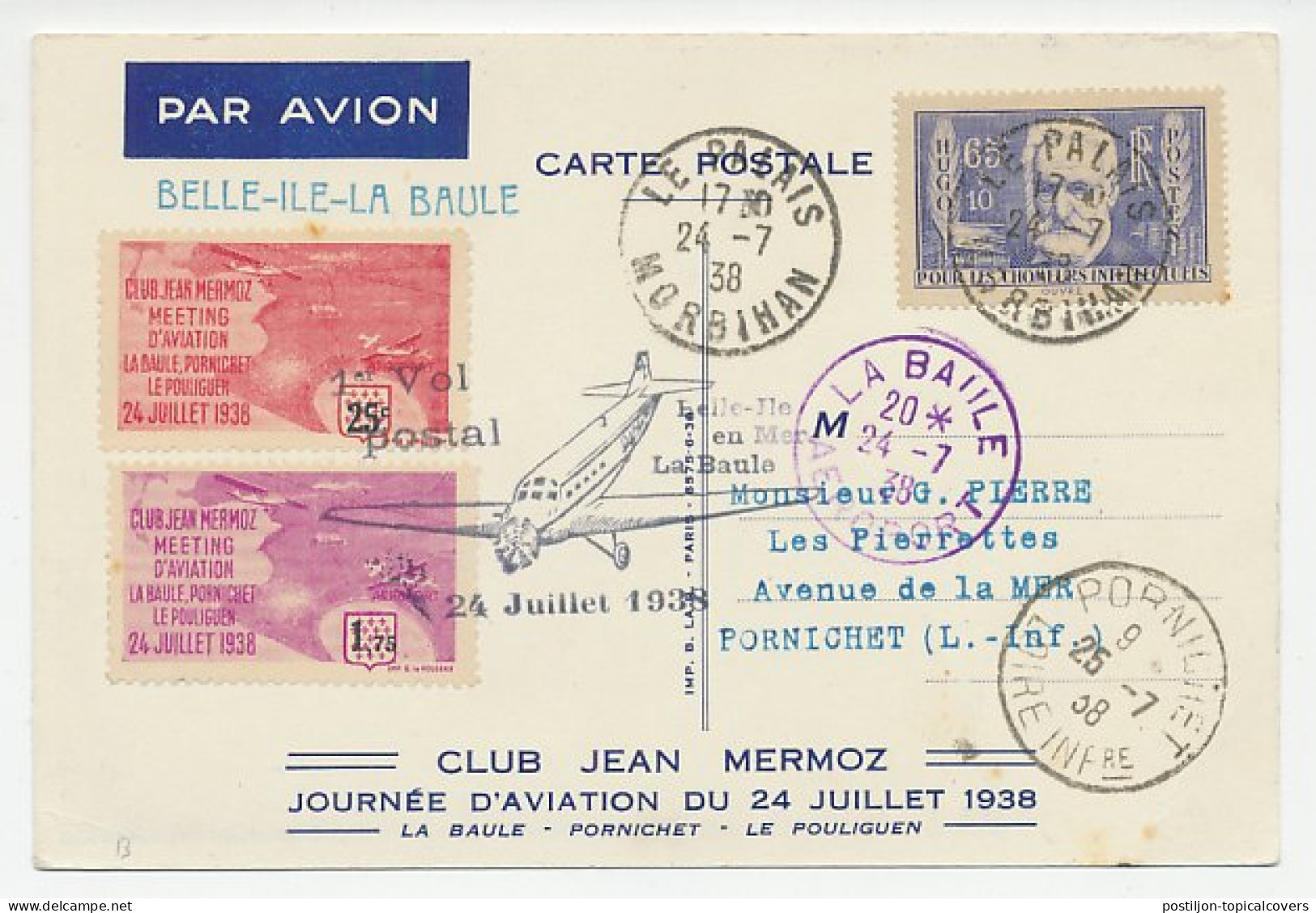 FFC / First Flight Card France 1938 Club Jean Mermoz - Pilot - Airplanes