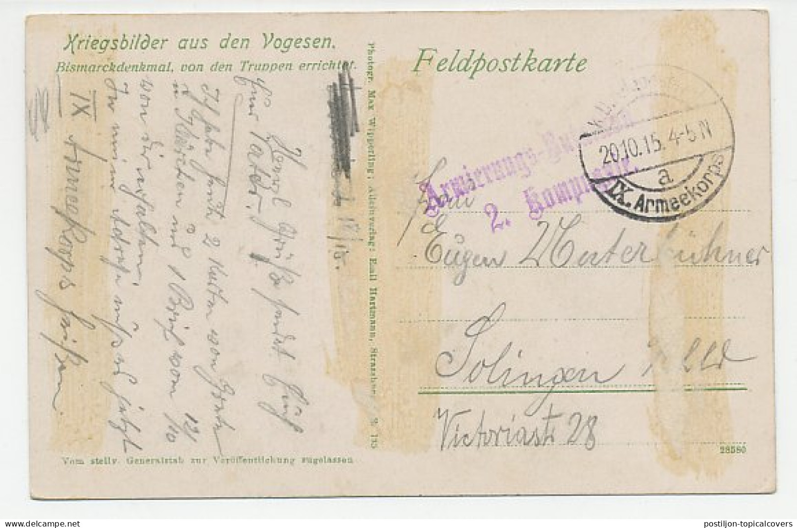 Fieldpost Postcard Germany / France 1915 Bismarck Memorial - WWI - WW1 (I Guerra Mundial)