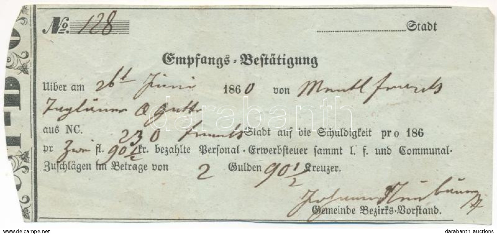 1860. Átvételi Elismervény (Empfangsbestätigung) 2Ft 90 1/2kr-ról - Non Classés