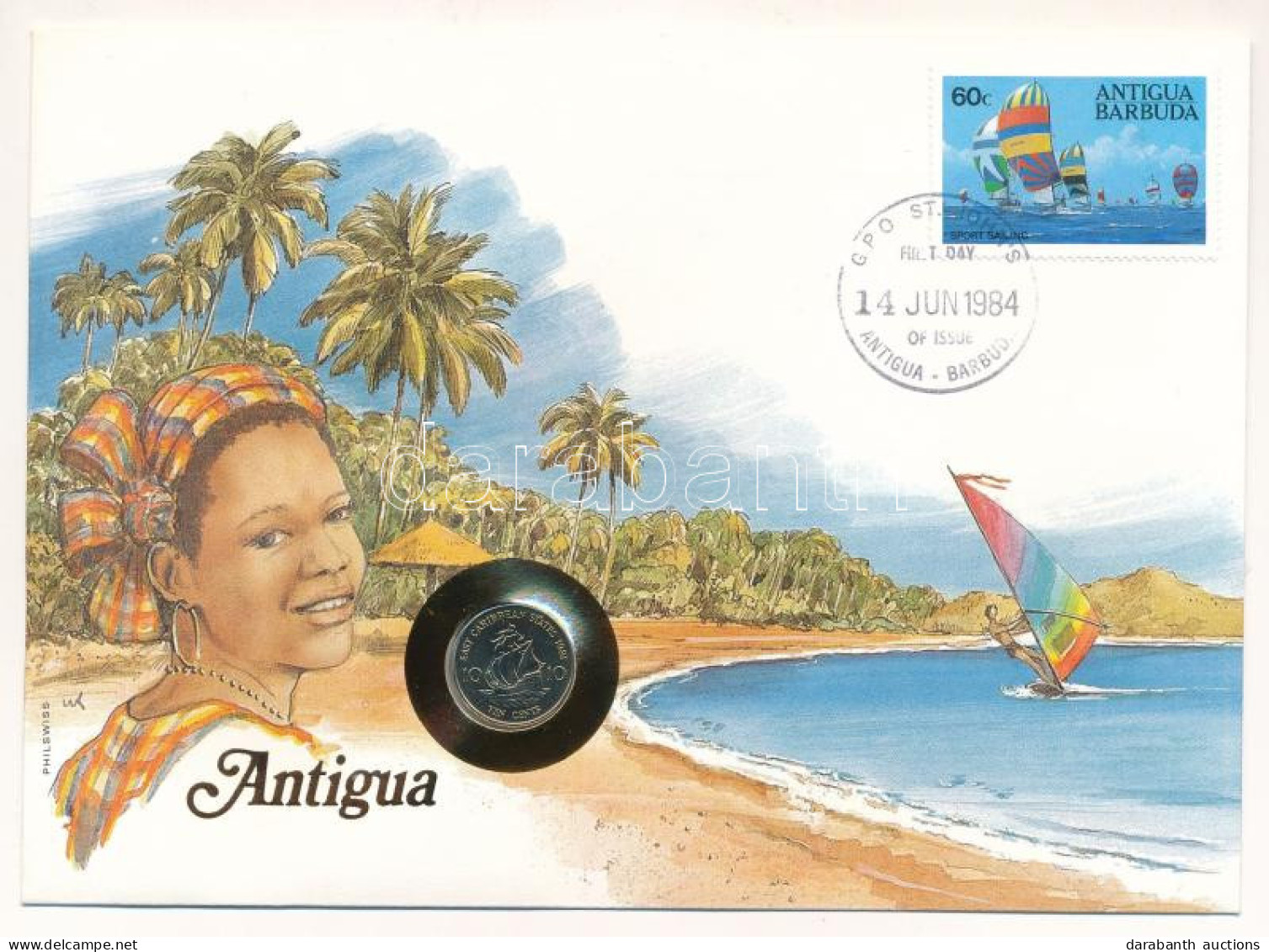 Kelet-Karibi Államok / Antigua 1981. 10c Felbélyegzett Borítékban, Bélyegzéssel, Német Nyelvű Leírással T:UNC East Carib - Unclassified