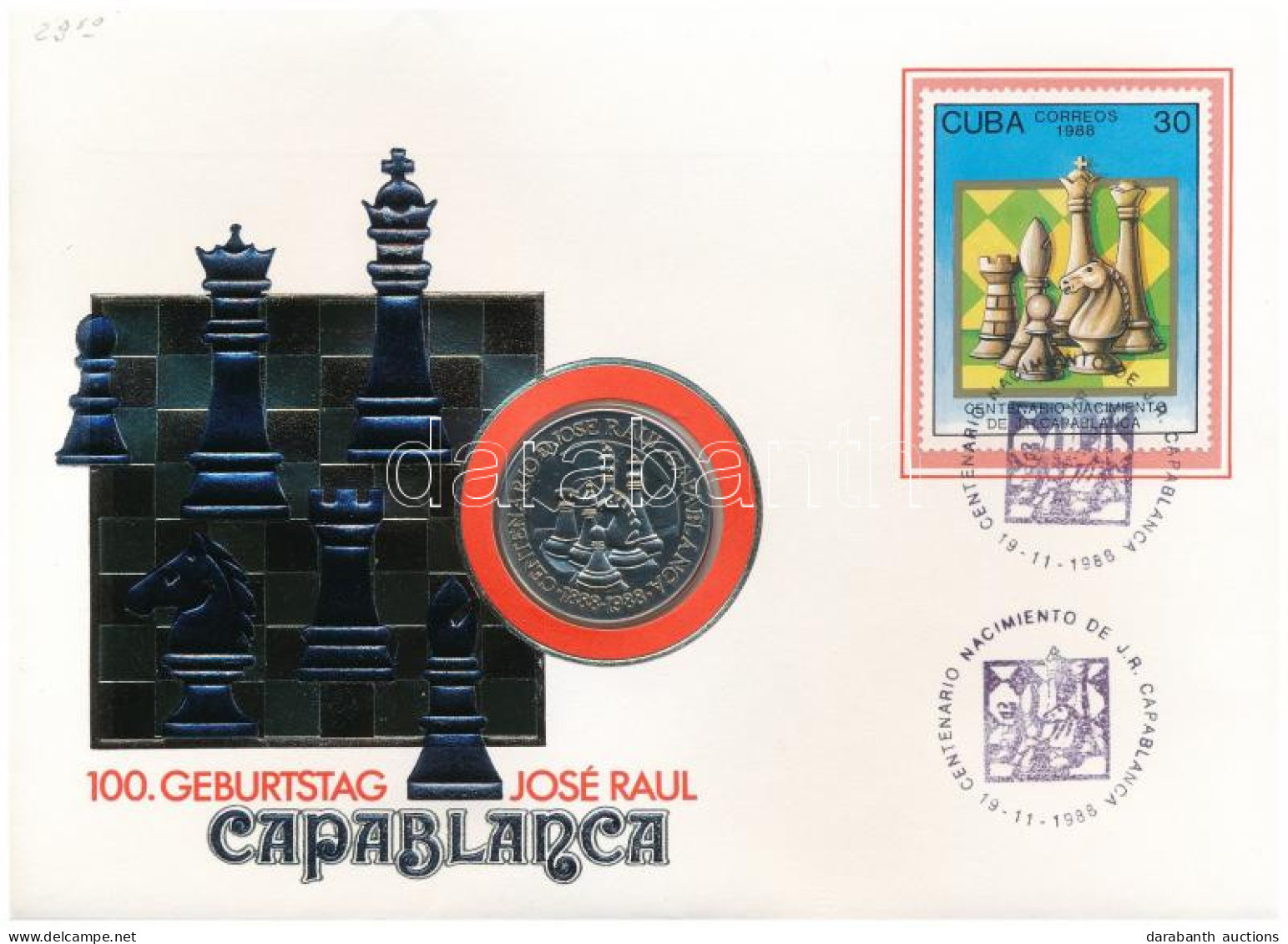 Kuba 1988. 1P Cu-Ni "José Raúl Születésének 100. évfordulója Emlékére" érme, érmés Borítékban, Bélyeggel, Bélyegzéssel,  - Ohne Zuordnung