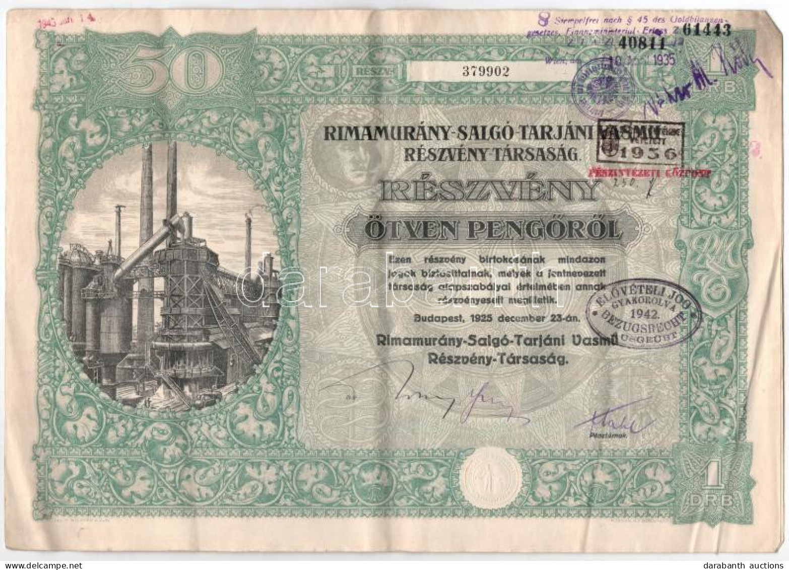 Budapest 1925. "Rimamurány-Salgó-Tarjáni Vasmű Részvény-Társaság" Részvénye 50P-ről, Szárazpecséttel, Bélyegzésekkel, Sz - Unclassified