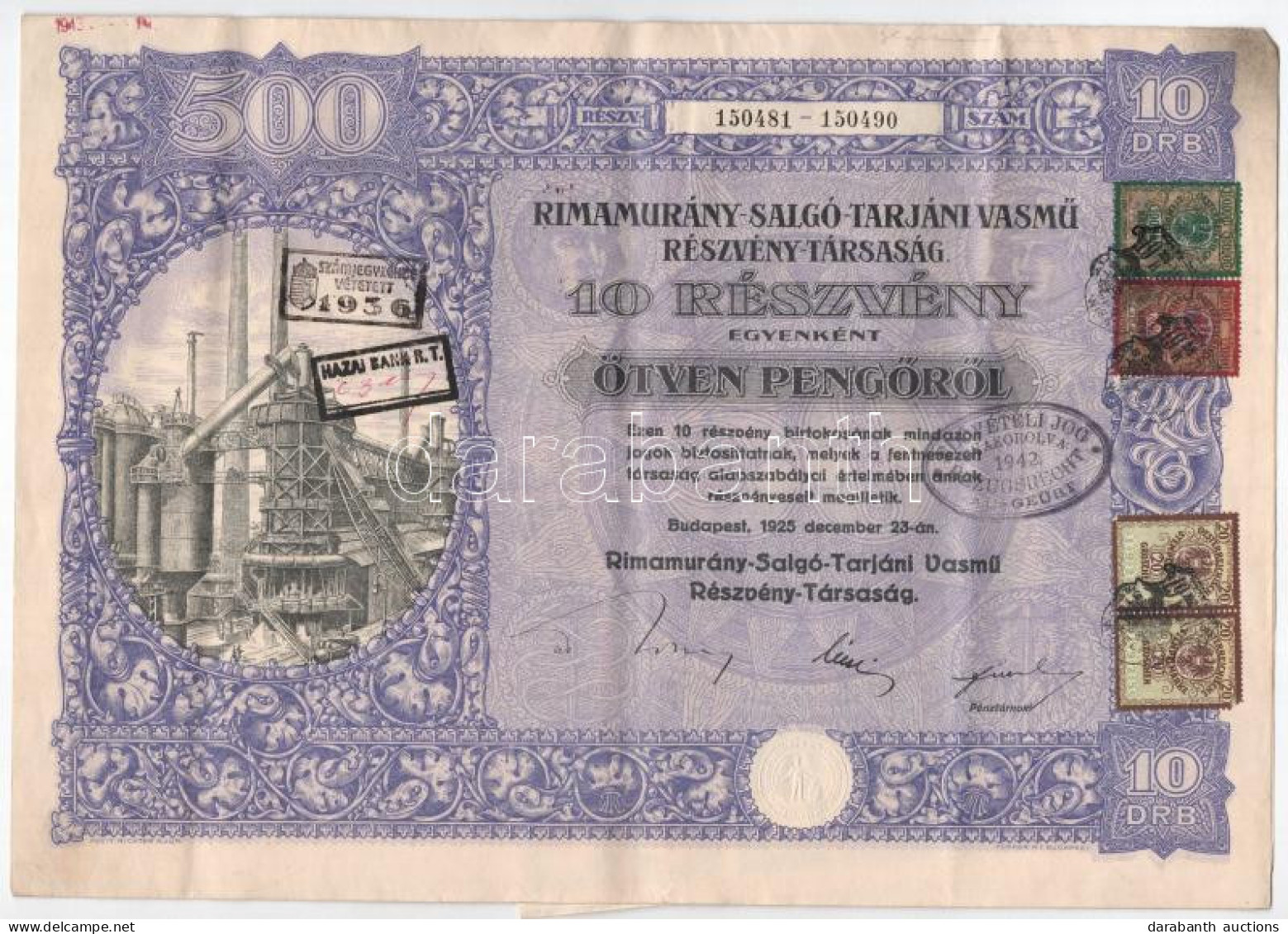 Budapest 1925. "Rimamurány-Salgó-Tarjáni Vasmű Részvény-Társaság" 10db Részvénye Egyben, Egyenként 50P-ről, Szárazpecsét - Ohne Zuordnung