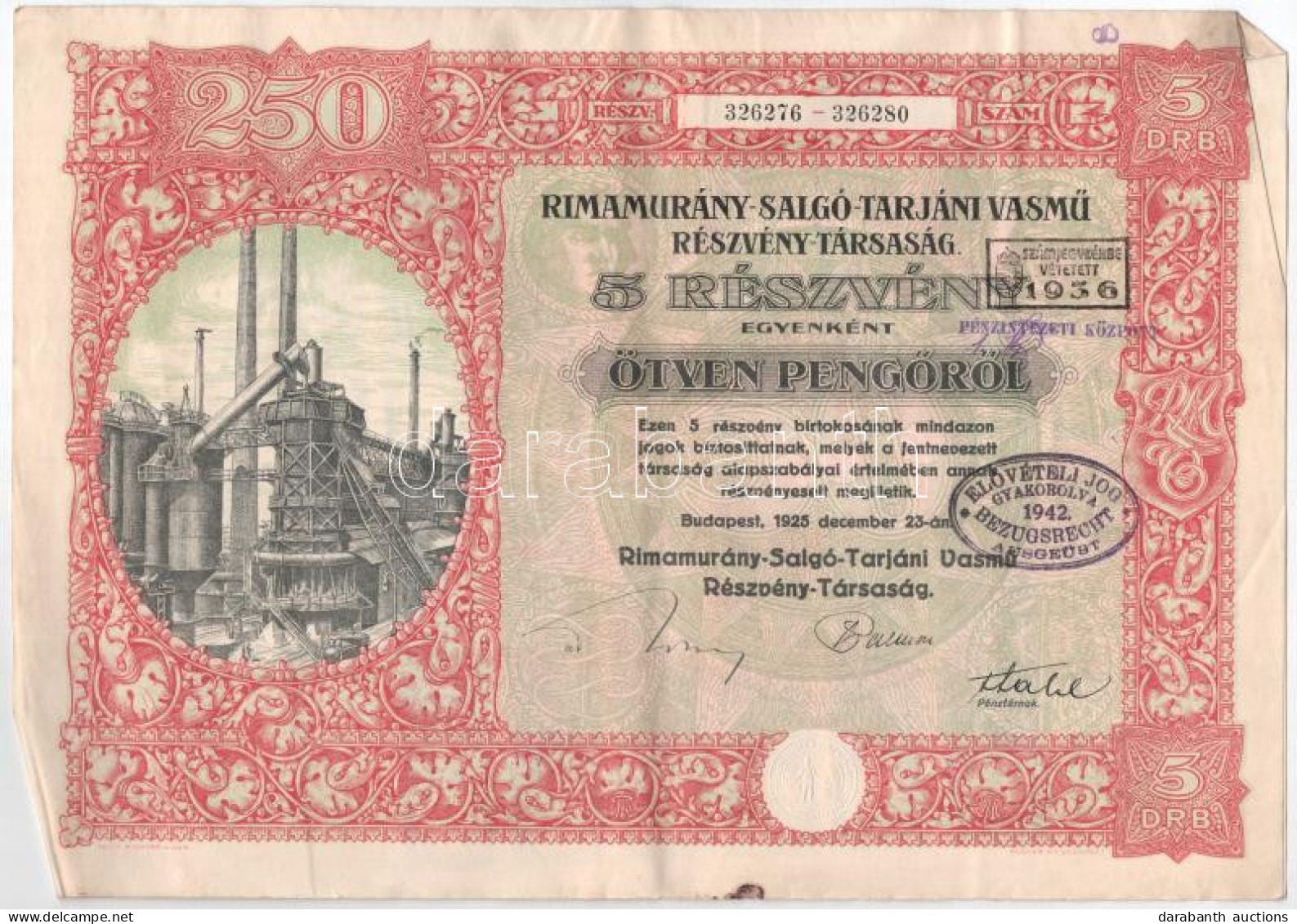 Budapest 1925. "Rimamurány-Salgó-Tarjáni Vasmű Részvény-Társaság" 5db Részvénye Egyben, Egyenként 50P-ről, Szárazpecsétt - Ohne Zuordnung