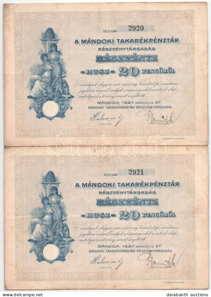 Mándok 1927. "Mándoki Takarékpénztár Részvénytársaság" Részvénye 20P-ről (3x), Közte Sorszámkövetők, Szárazpecséttel, Sz - Ohne Zuordnung