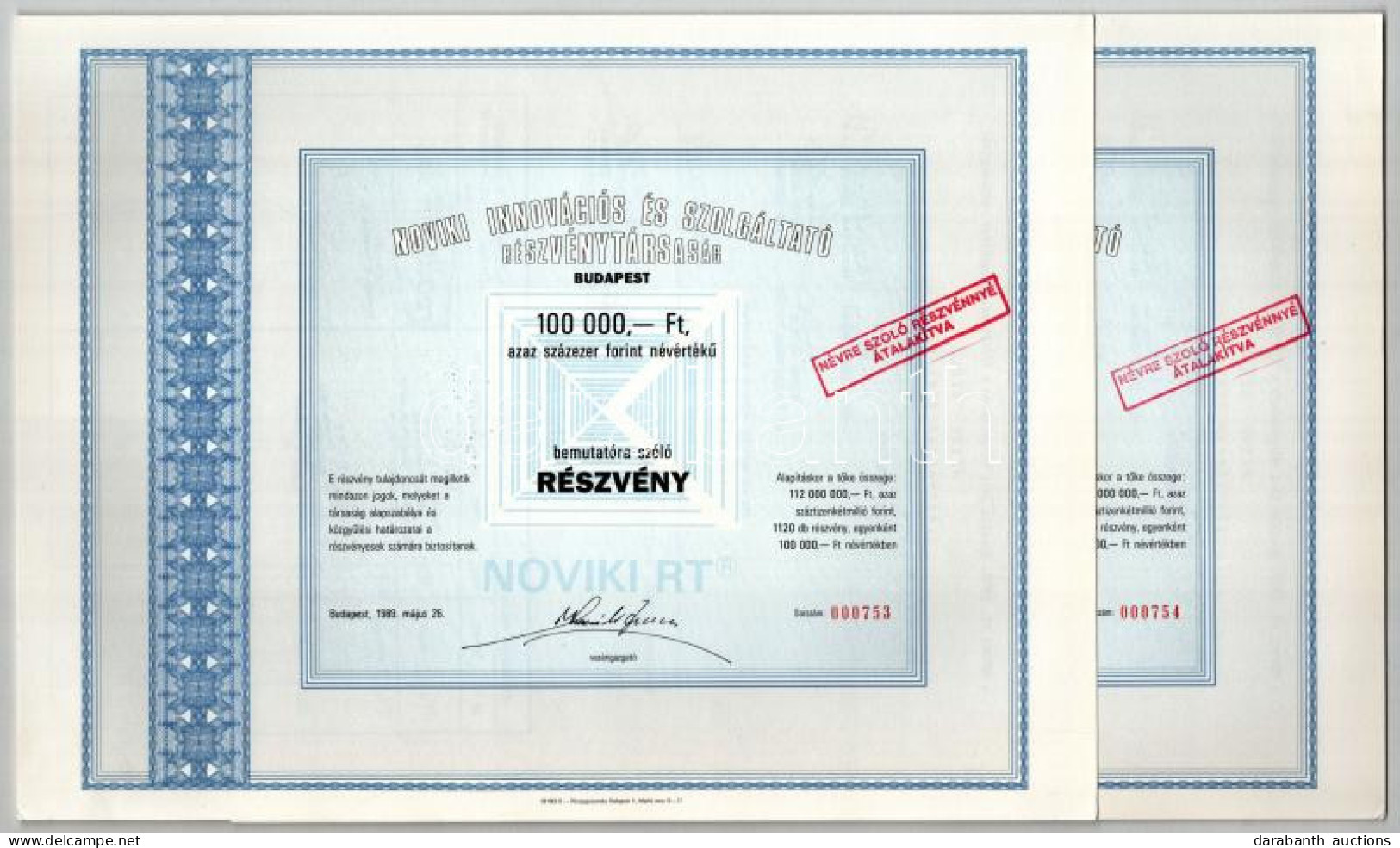 Budapest 1989. "Noviki Innovációs és Szolgáltató Részvénytársaság" Névre Szóló Részvénye 100.000Ft-ról (10x) Sorszámköve - Unclassified