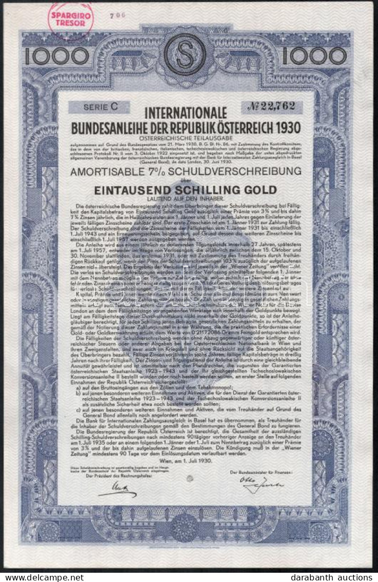 Ausztria 1930. "Az Osztrák Köztársaság Nemzetközi Szövetségi Kölcsöne" 7%-os Kötvénye 1000Sch-ről Bélyegzésekkel, Szelvé - Unclassified