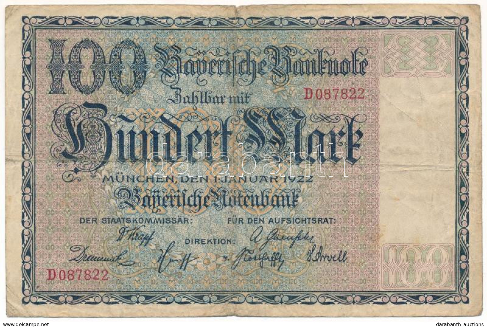 Németország / Weimari Köztársaság / Bajorország 1922. 100M T:F,VG Lyuk Germany / Weimar Republic / Bavaria 1922. 100 Mar - Ohne Zuordnung